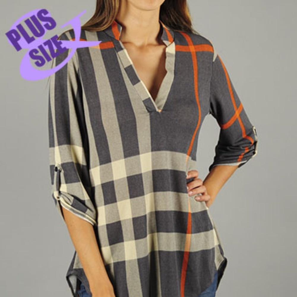 Plaid Print Split Neck Top - Plus Size